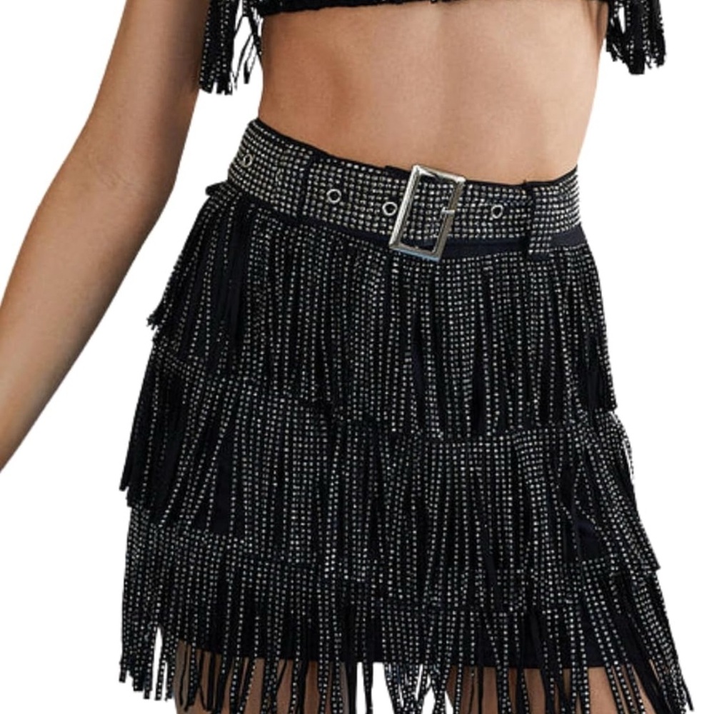 Black Fringe Mini Skirt with Studded Belt